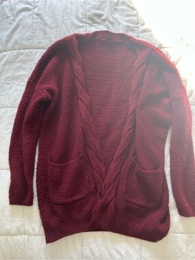 Open-Front Cable Trim Cardigan - Burgundy
